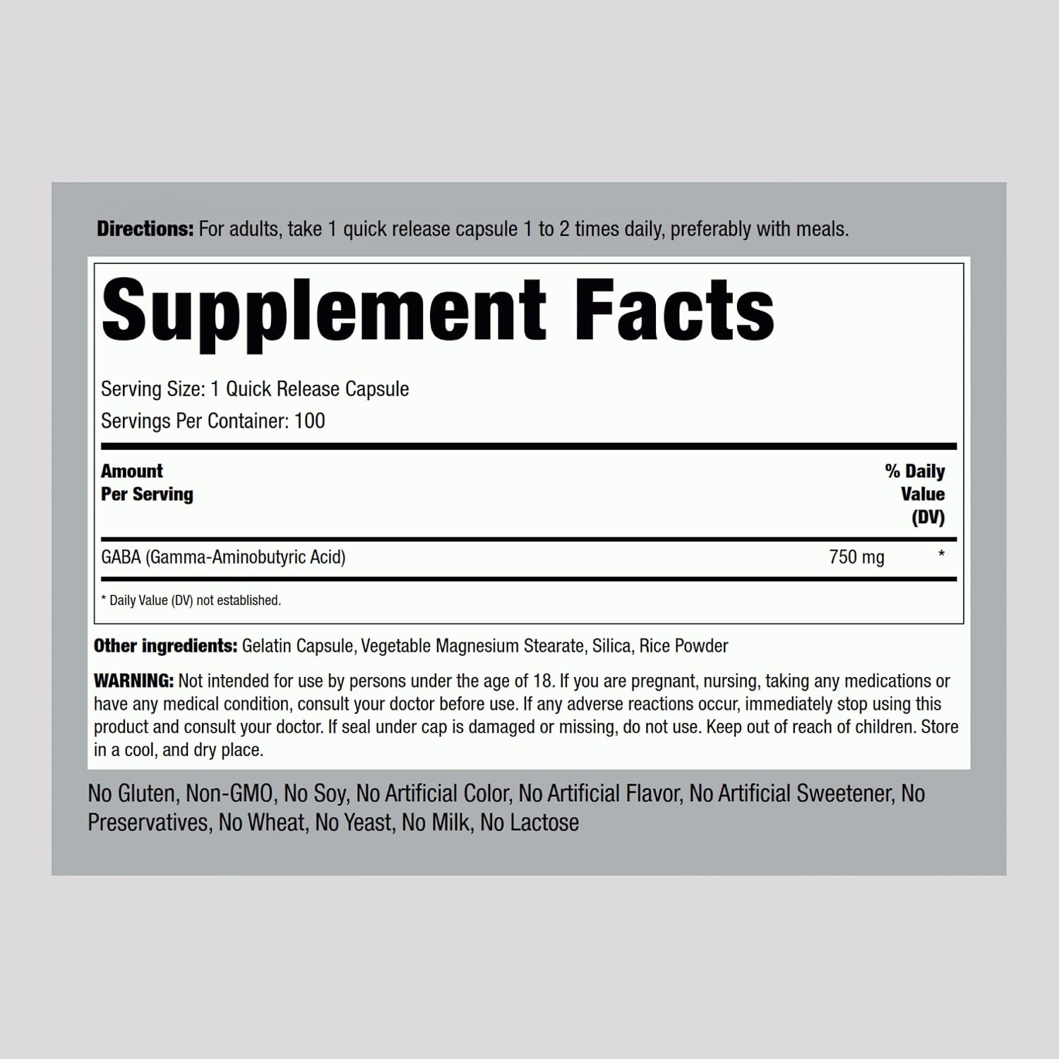 Piping Rock GABA 750 mg - 100 Capsules - Gamma-Aminobutyric Acid