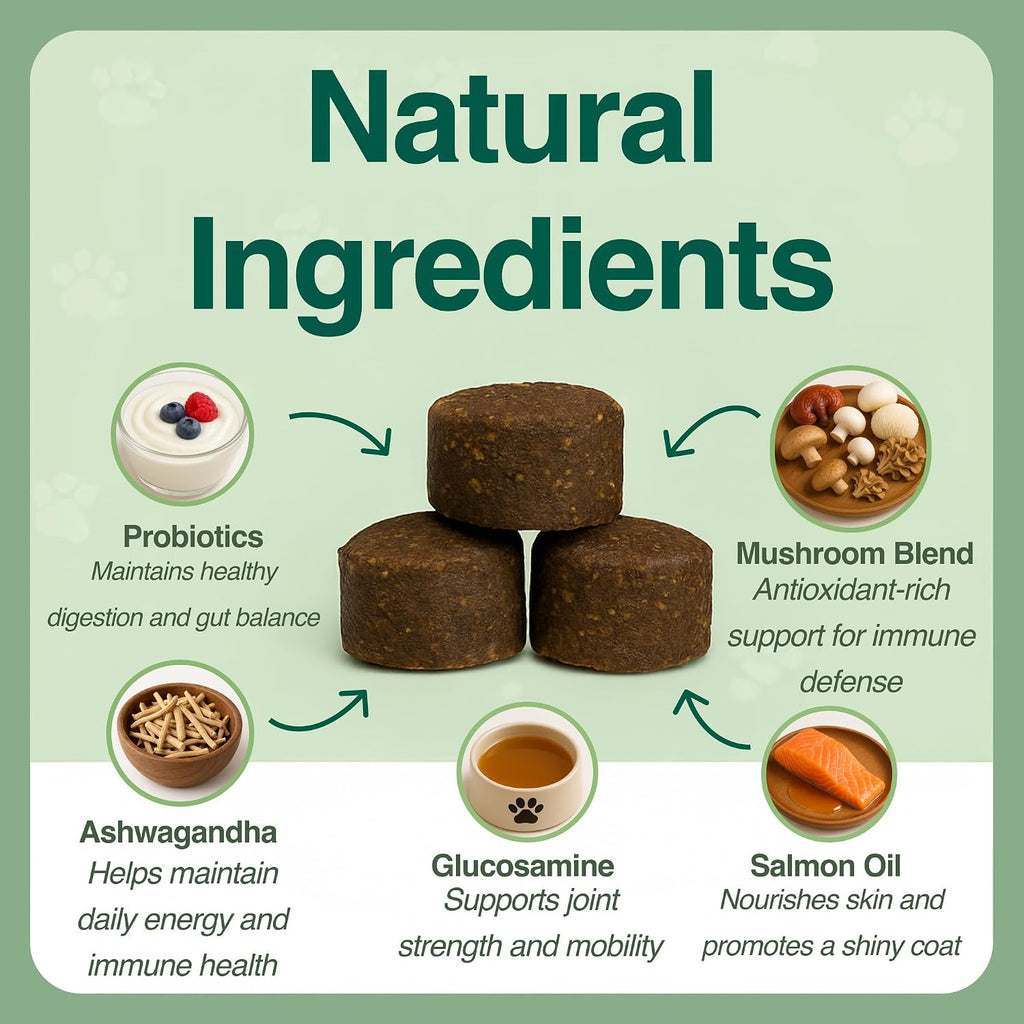 BAZI Multi Dog Chews – Complemento de Salud Integral con Glucosamina, Probióticos, Aceite de Salmón, Ashwagandha y Hongos – Bienestar Diario, Piel y Pelaje, Digestión y Vitalidad para Todos los Perros