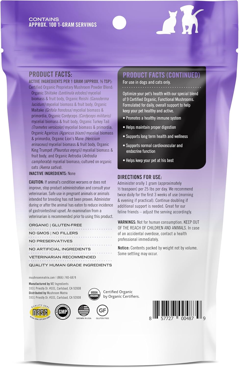 Om Mushroom Matrix Pet - Canine: Polvo de Hongos Orgánico para el Apoyo Inmunológico Diario de Perros y Gatos - 100g