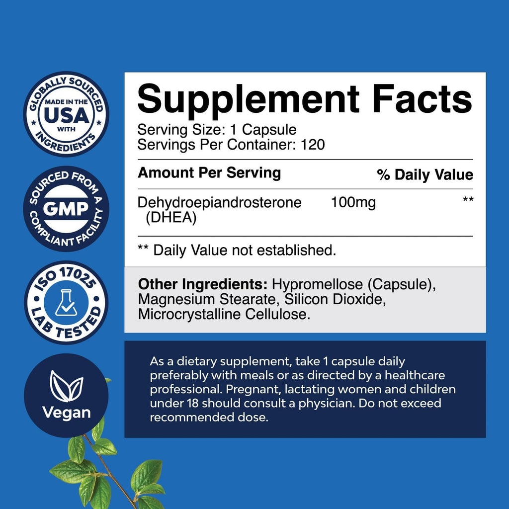 Natures Craft DHEA 100mg por Cápsula - Suplemento Vegano para Hombres y Mujeres - 120 Cápsulas