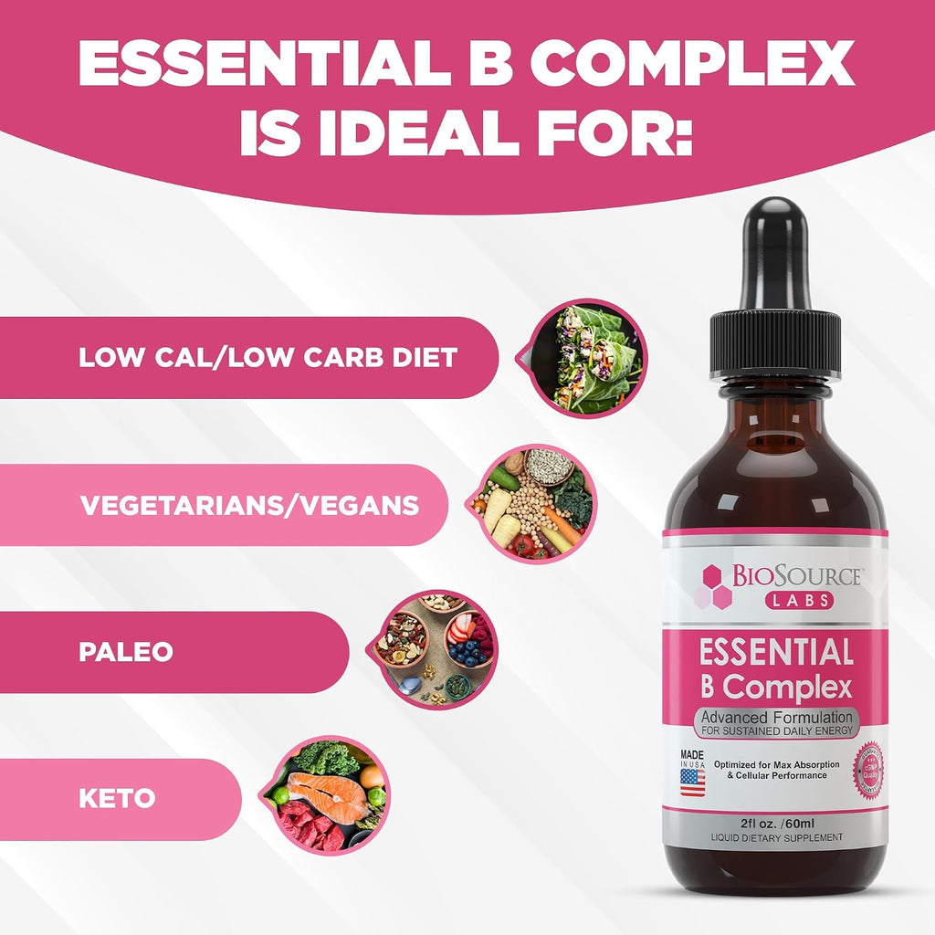 BioSource Labs Essential B Complex - Complejo B Líquido Sublingual Vegano con Metil B12 (60 ml)