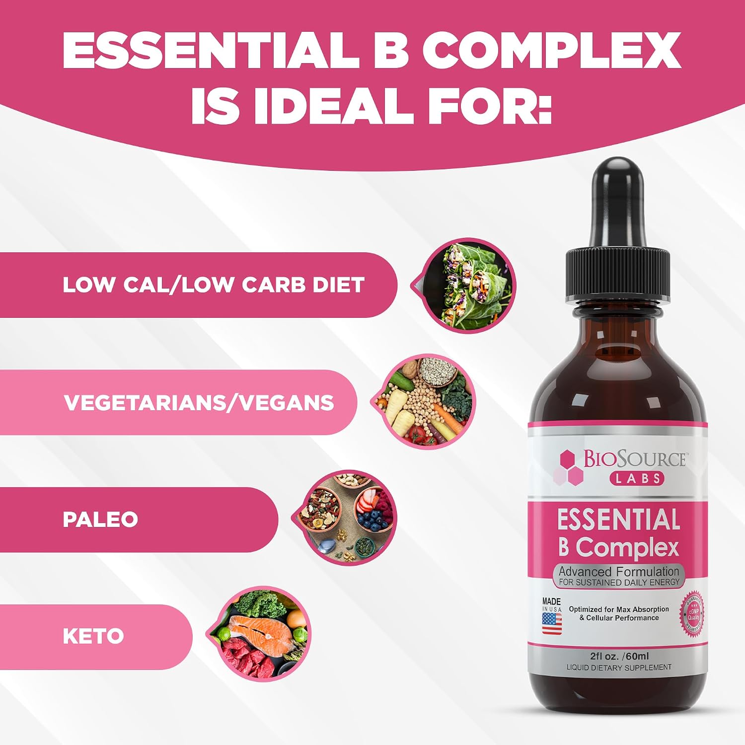 BioSource Labs Essential B Complex - Complejo B Líquido Sublingual Vegano con Metil B12 (60 ml)