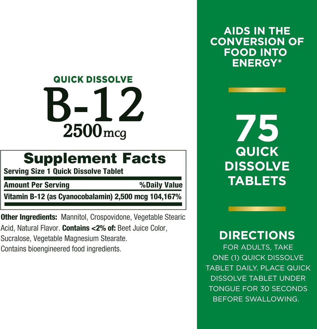 Nature's Bounty Vitamina B12 2500 mcg - 75 Comprimidos de Disolución Rápida