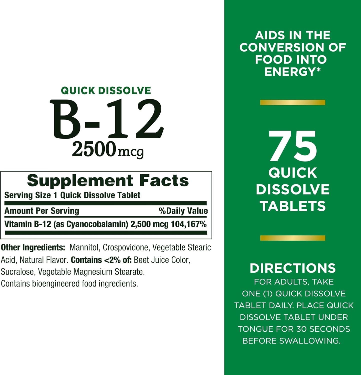 Nature's Bounty Vitamina B12 2500 mcg - 75 Comprimidos de Disolución Rápida
