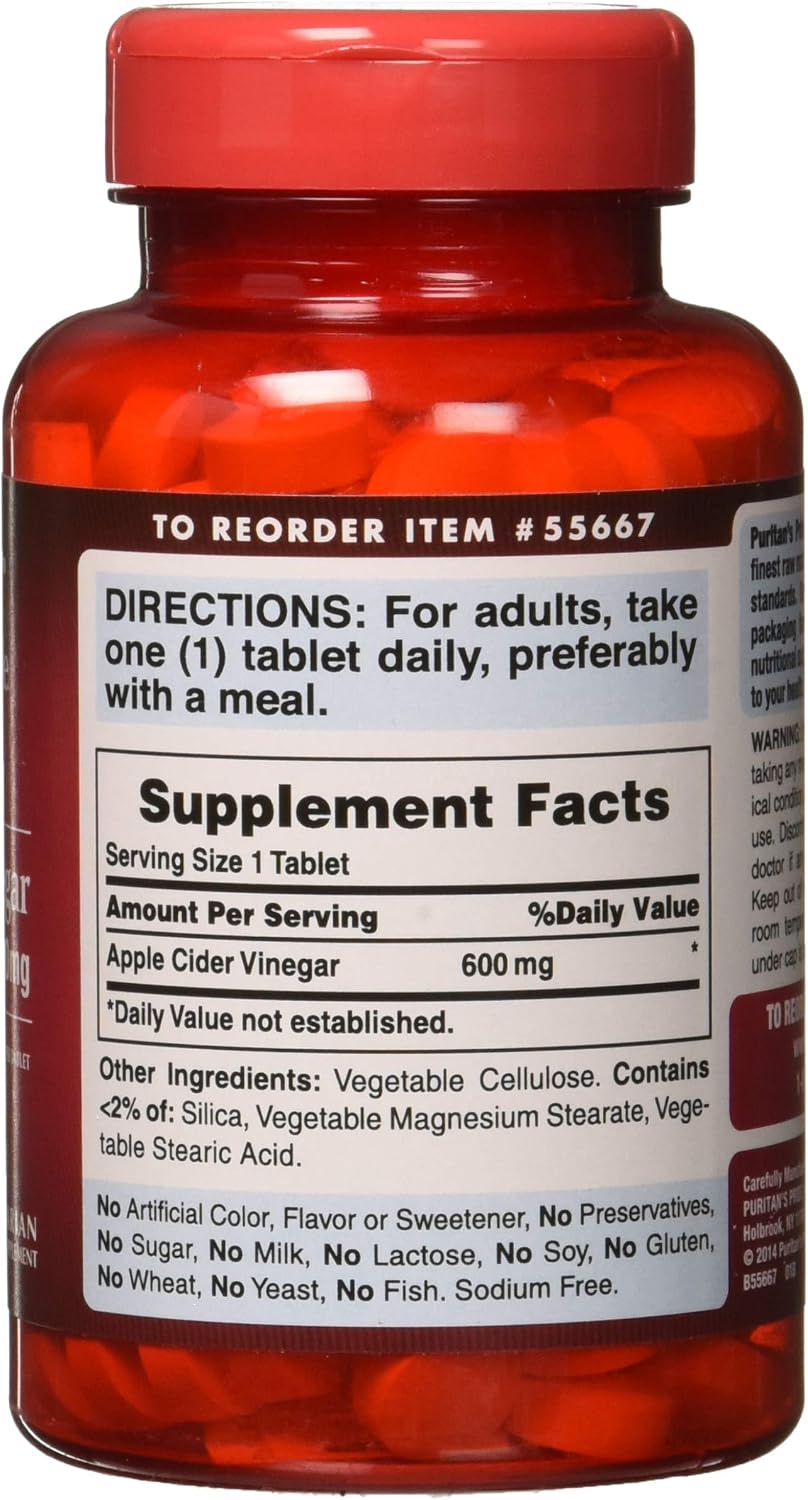 Puritan's Pride Vinagre de Manzana 600 mg, Comprimidos Vegetarianos, 200 Comprimidos