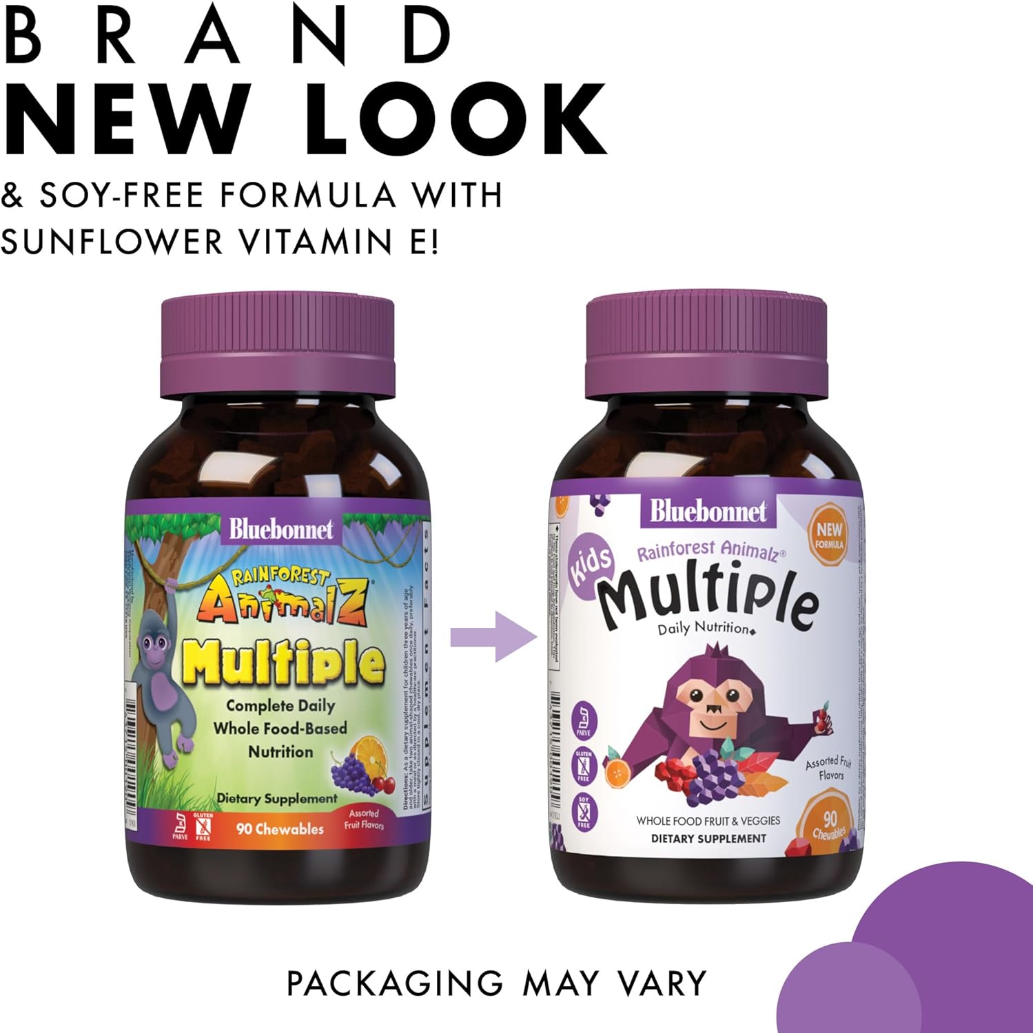 Bluebonnet Nutrition Rainforest Animalz - Multivitamínico infantil masticable con base de alimentos integrales - 180 comprimidos masticables - Sabor variado (cereza, uva, naranja)