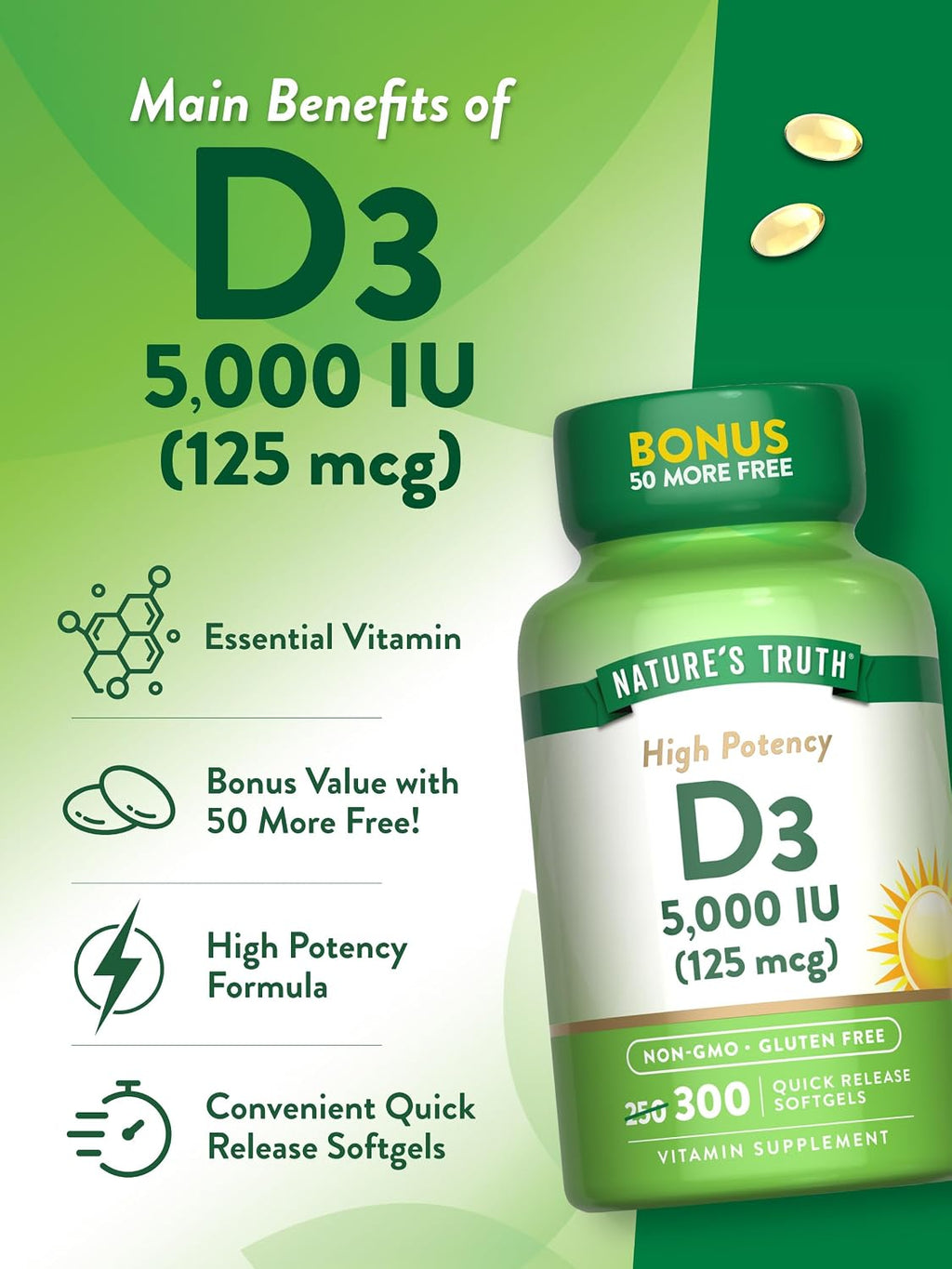 Nature's Truth Vitamina D3 5000 UI (125 mcg) - 300 Cápsulas Blandas