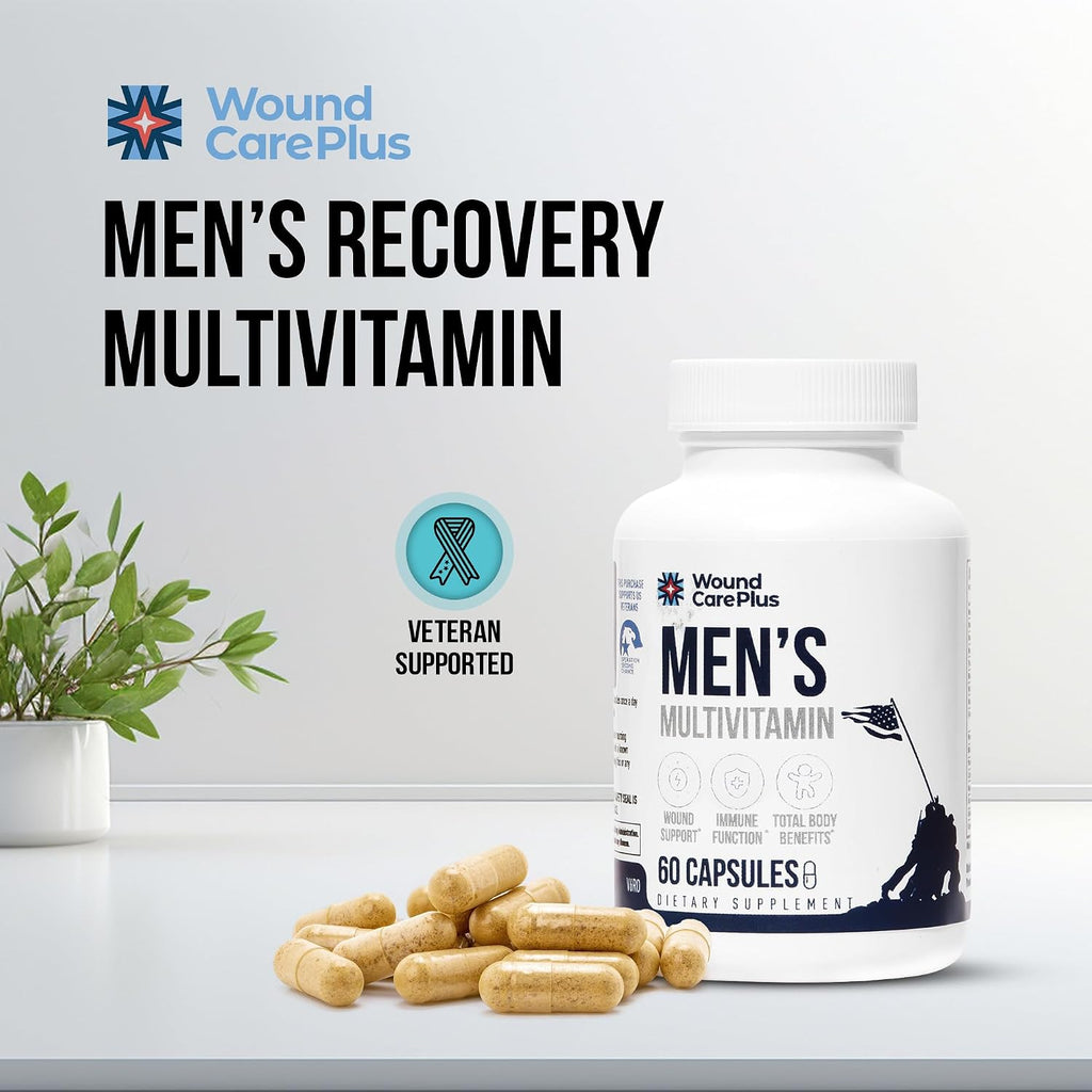 Wound Care Plus Men's Multivitamin – Mezcla completa de vitaminas y minerales con vitaminas A, B, C, D, E, zinc – 60 cápsulas – Sin gluten, no GMO