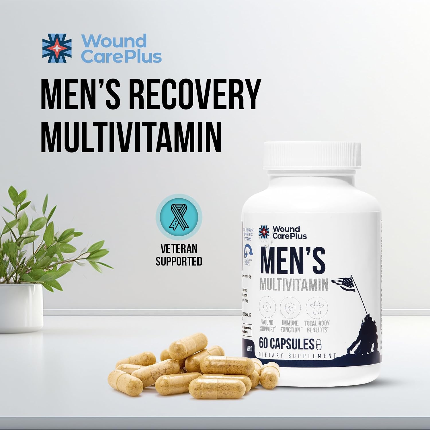 Wound Care Plus Men's Multivitamin – Mezcla completa de vitaminas y minerales con vitaminas A, B, C, D, E, zinc – 60 cápsulas – Sin gluten, no GMO