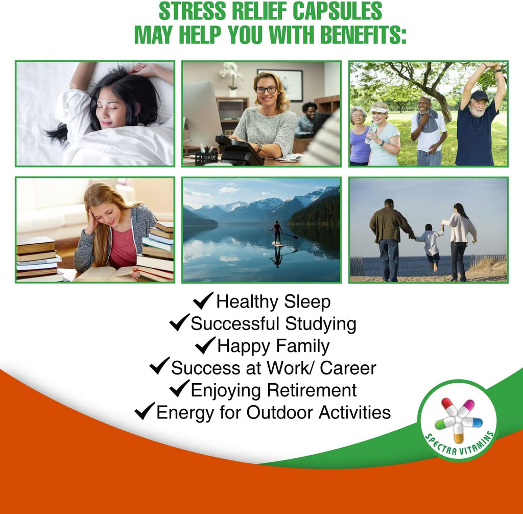 Spectra Vitamins Stress Relief - Suplemento para el estrés con Ashwagandha, L-Teanina y Manzanilla, 60 cápsulas
