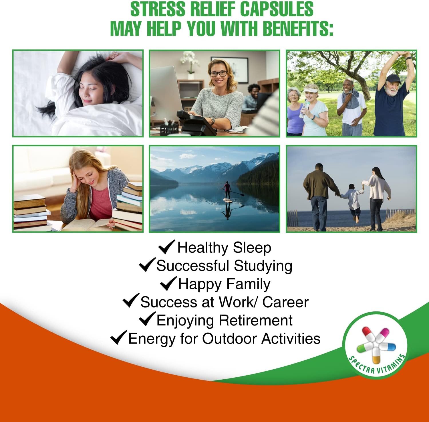 Spectra Vitamins Stress Relief - Suplemento para el estrés con Ashwagandha, L-Teanina y Manzanilla, 60 cápsulas