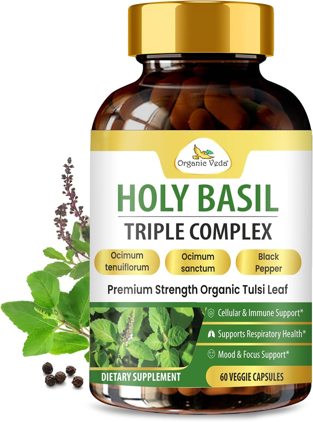 Cápsulas de Albahaca Sagrada (Tulsi) Organic Veda - Complemento Alimenticio con Pimienta Negra - 60 Cápsulas Veganas