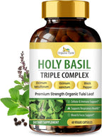 Cápsulas de Albahaca Sagrada (Tulsi) Organic Veda - Complemento Alimenticio con Pimienta Negra - 60 Cápsulas Veganas