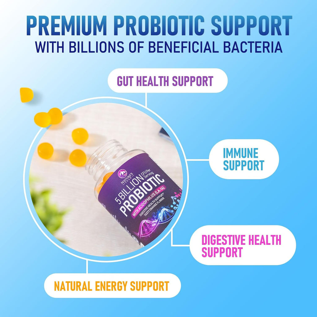 Nature's Peak Gomitas Probióticas – 6 Cepas, 5 mil millones UFC – Apoyo Digestivo e Inmune – 120 Gomitas