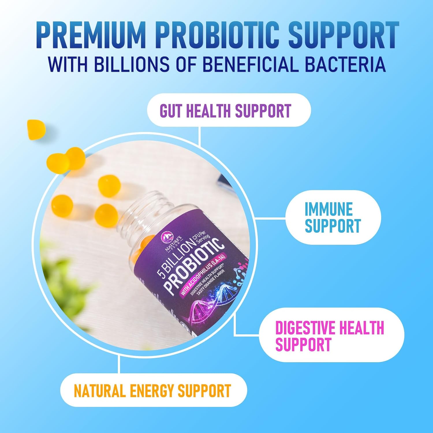 Nature's Peak Gomitas Probióticas – 6 Cepas, 5 mil millones UFC – Apoyo Digestivo e Inmune – 120 Gomitas