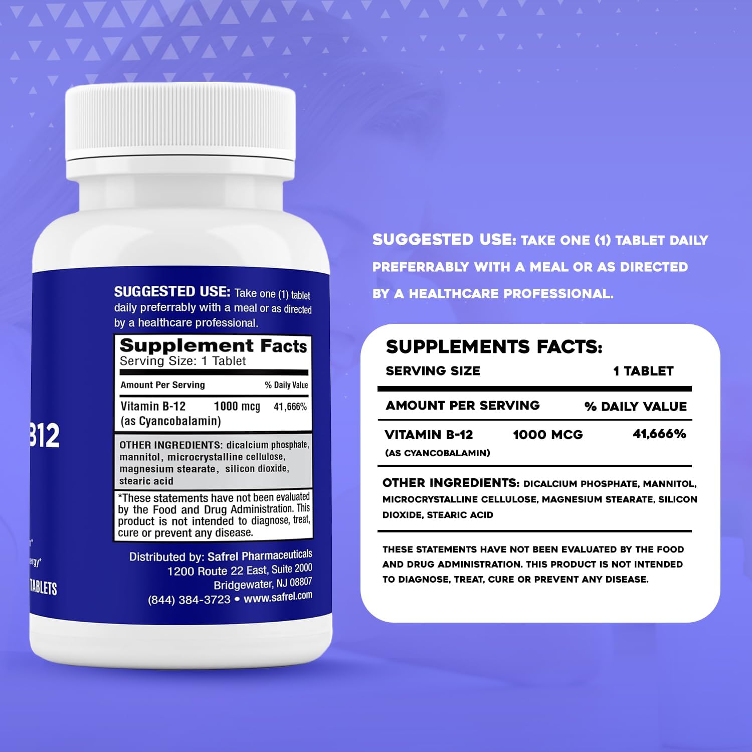 Safrel Vitamina B12 1000 mcg - 200 Comprimidos - Vegano, Sin Gluten, Sin Colorantes