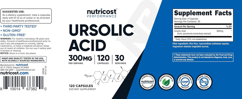 Nutricost Ácido Ursólico 300mg, 120 Cápsulas - Vegano, No GMO, Sin Gluten