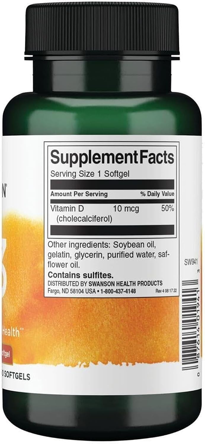 Swanson Vitamina D3 400 UI (10 mcg) - 250 Cápsulas Blandas