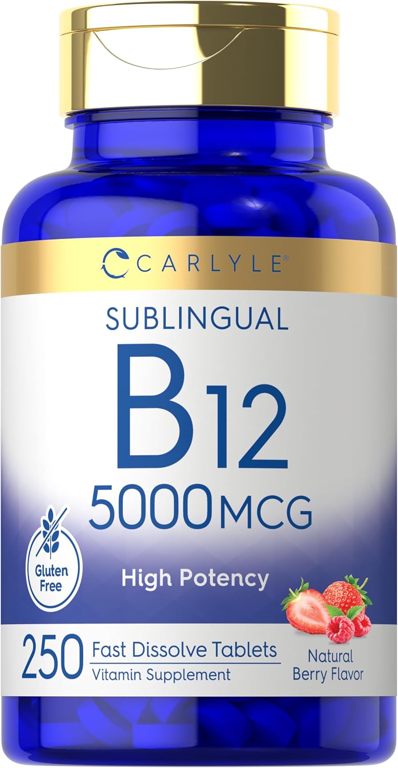 Carlyle Vitamina B12 5000 mcg Sublingual - 250 Comprimidos de Disolución Rápida, Sabor Natural a Bayas, Vegano y Sin Gluten