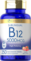 Carlyle Vitamina B12 5000 mcg Sublingual - 250 Comprimidos de Disolución Rápida, Sabor Natural a Bayas, Vegano y Sin Gluten
