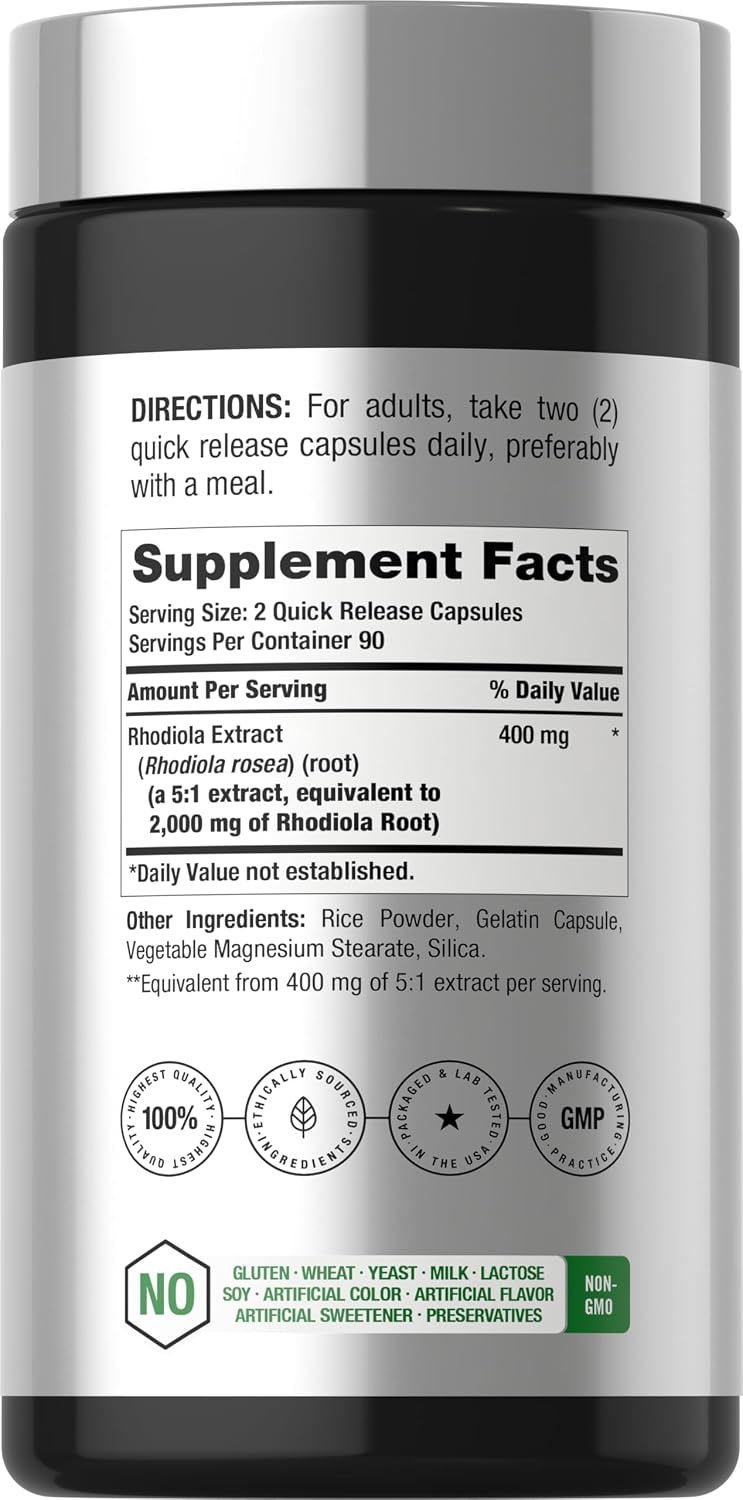 Horbäach Rhodiola Rosea Cápsulas | 180 Cápsulas | Suplemento No GMO, Sin Gluten