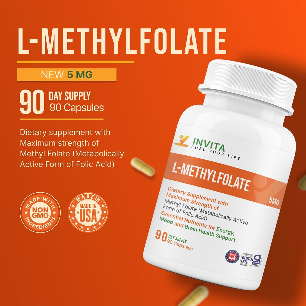 INVITA L-Methylfolate 5mg – Metilfolato Activo 5-MTHF – 90 Cápsulas (Suministro para 3 Meses)