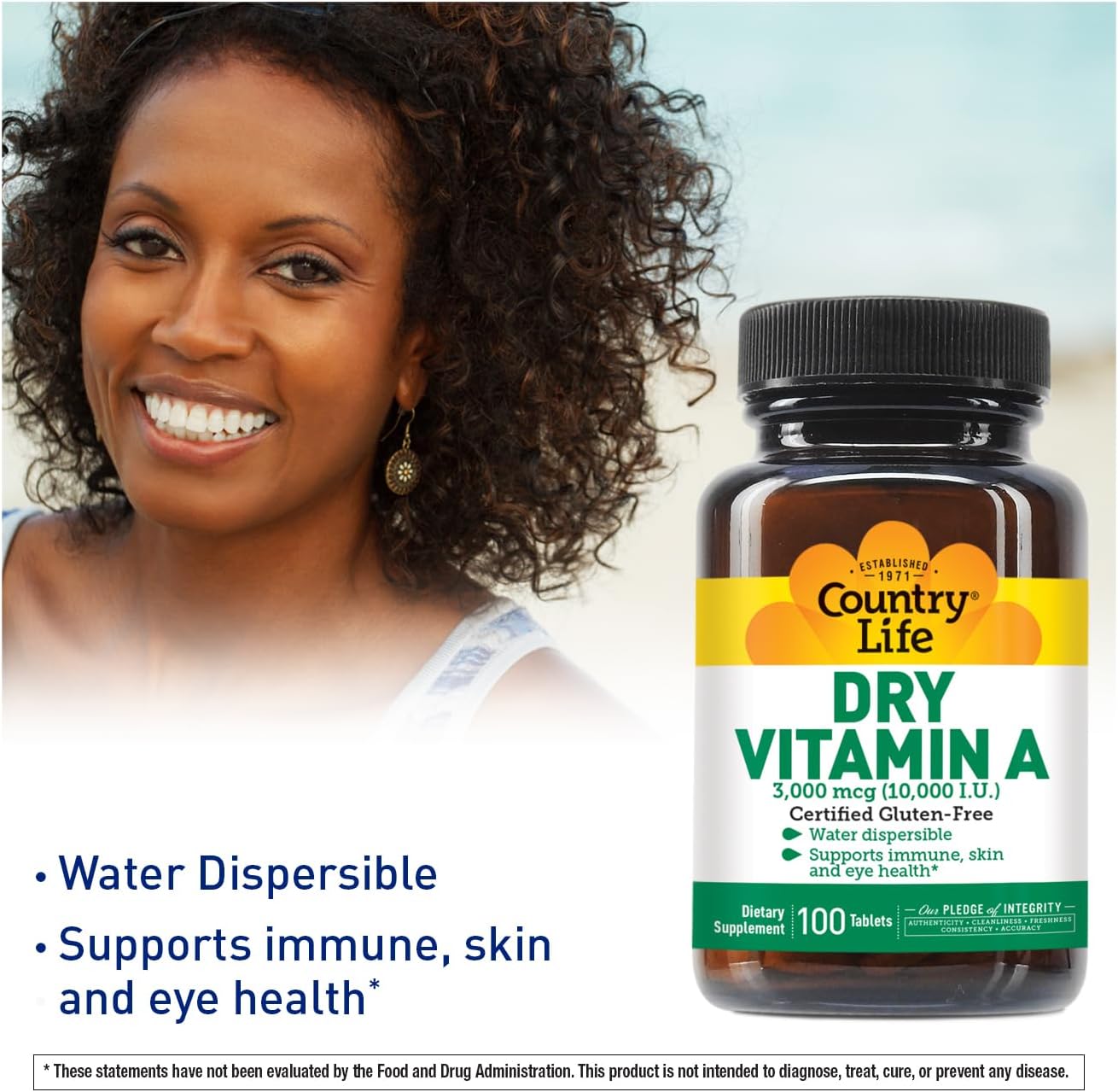 Country Life Vitamina A 10.000 UI - Apoyo Inmunológico, Salud de la Piel y Ojos - 50% Betacaroteno y 50% Palmitato de Retinilo - 100 Comprimidos
