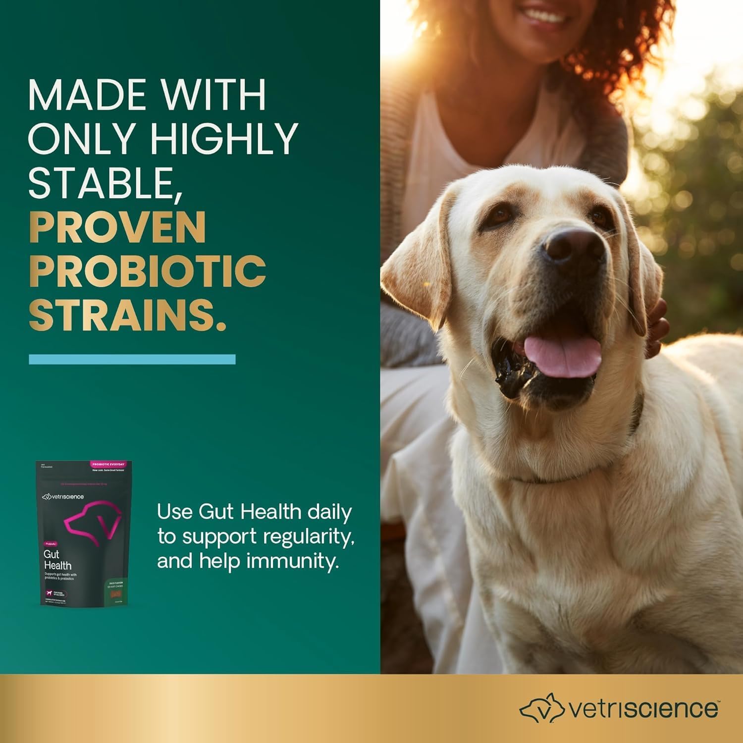 VetriScience Gut Health Masticables Probióticos para Perros, Sabor a Pato, 120 unidades