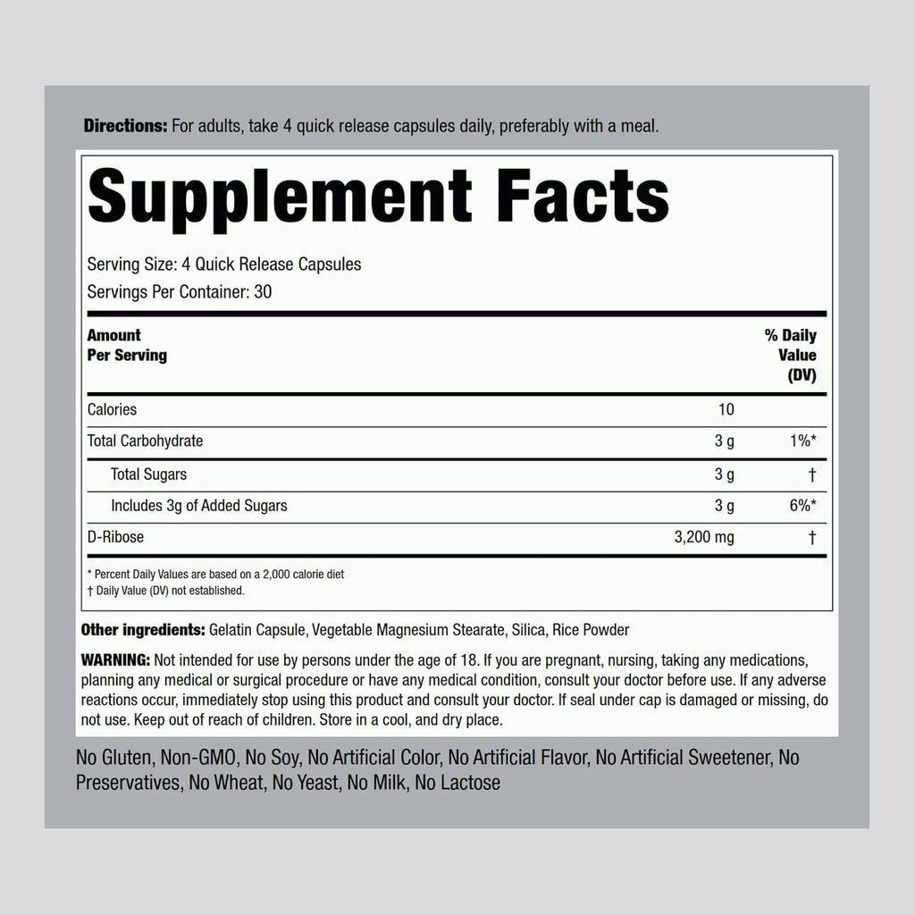 Piping Rock Cápsulas de D-Ribosa | 3200 mg | 120 Cápsulas | Suplemento para Hombres y Mujeres | No OGM, Sin Gluten