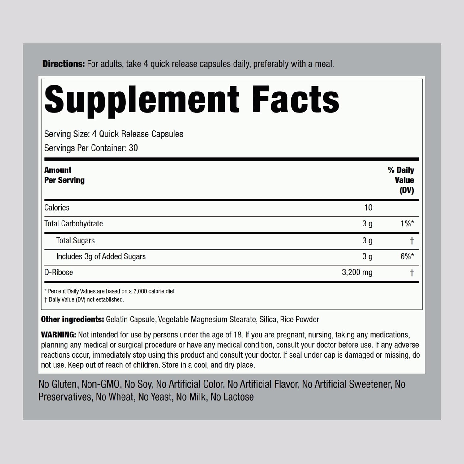 Piping Rock Cápsulas de D-Ribosa | 3200 mg | 120 Cápsulas | Suplemento para Hombres y Mujeres | No OGM, Sin Gluten