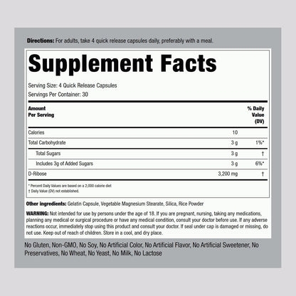 Piping Rock Cápsulas de D-Ribosa | 3200 mg | – Sin gluten – Image 2