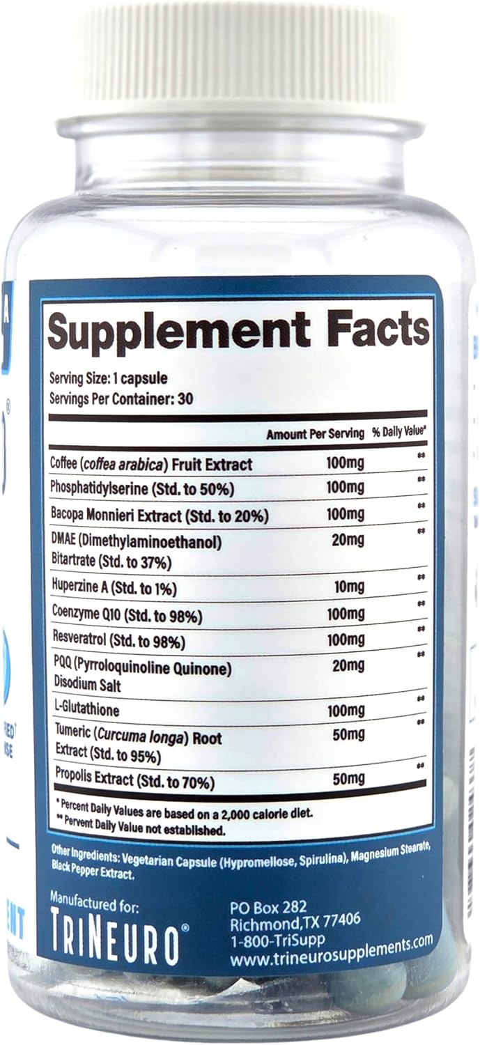 TriNeuro Daily Brain Supplement - Certificado NSF - Formulado por Neurocirujano para Apoyar la Cognición y Longevidad Funcional - Fosfatidilserina, Resveratrol, Glutatión - 30 Cápsulas
