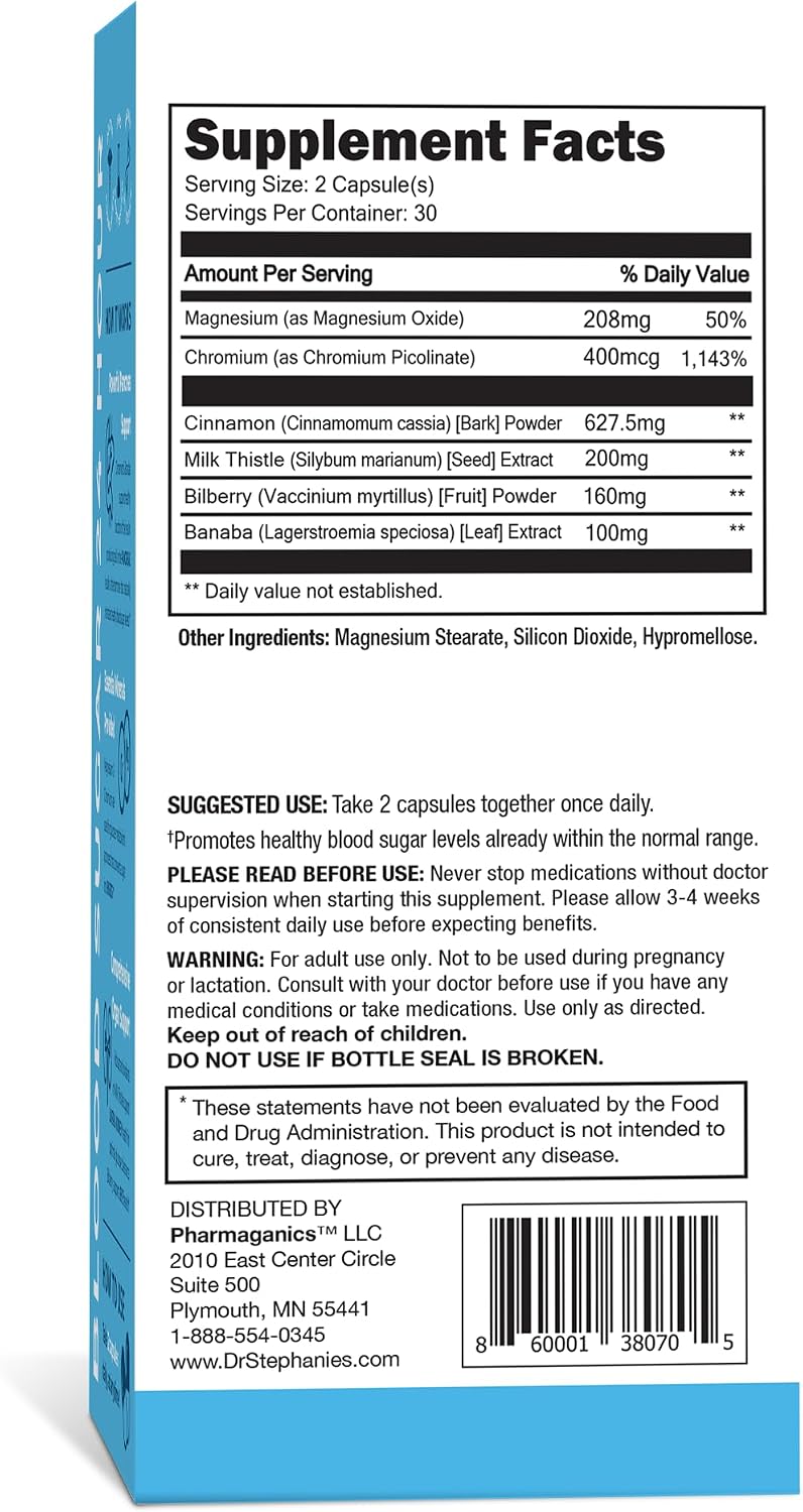 Pharmaganics Blood Sugar 24 Hour – Fórmula 6 en 1 con Canela, Banaba, Cromo, Cardo Mariano y Más – Suplemento Diario