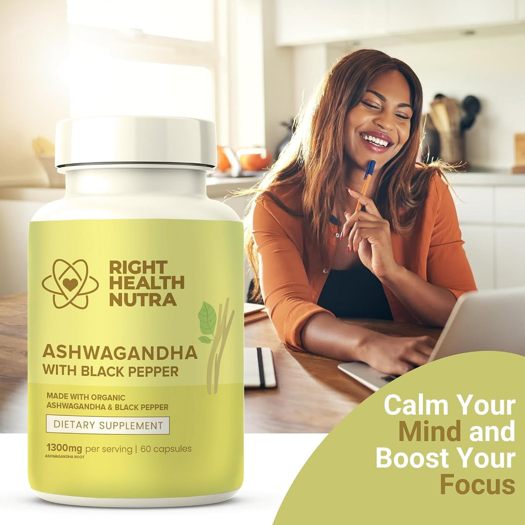 Right Health Nutra Ashwagandha Cápsulas - 1300mg por Dosis con Pimienta Negra - 60 Cápsulas