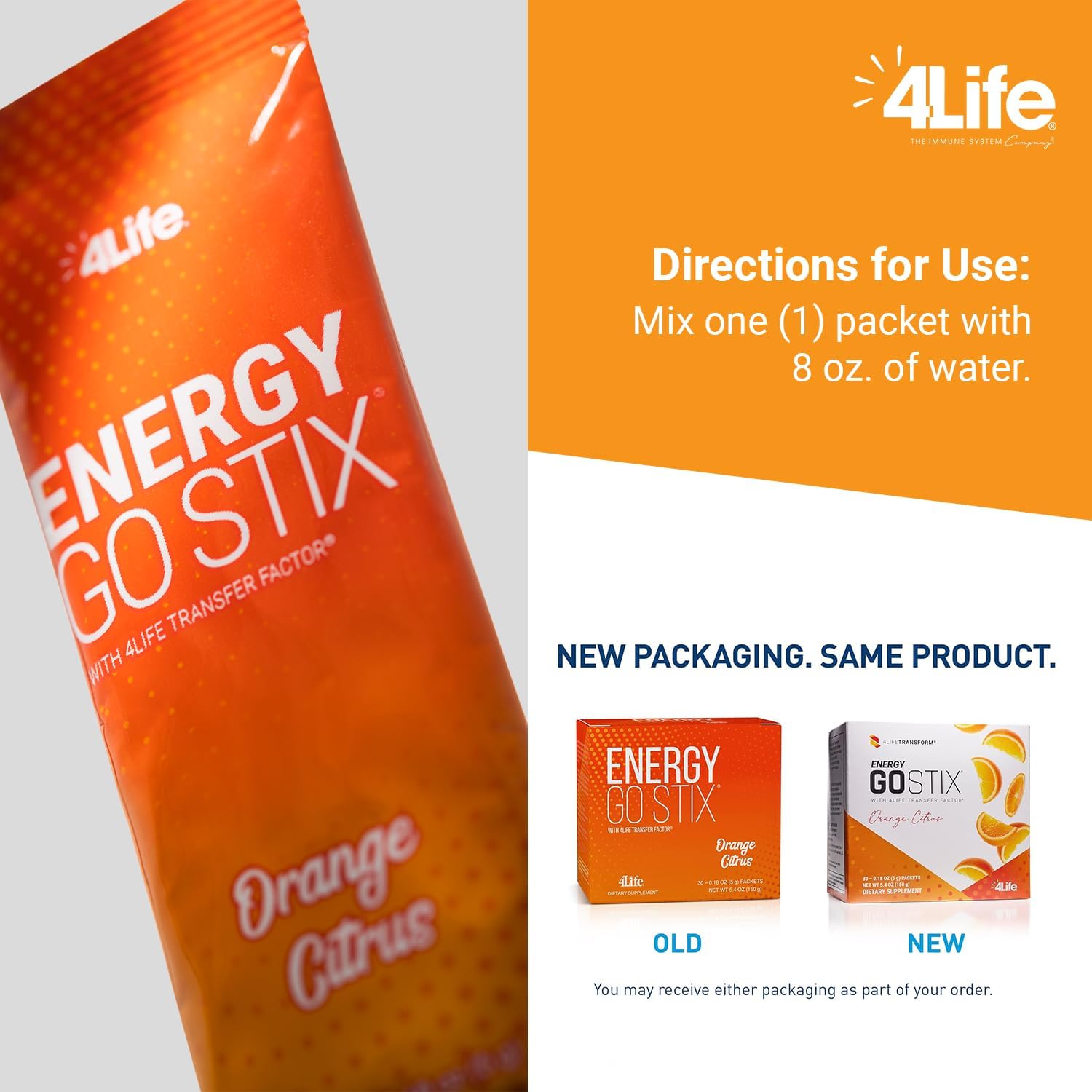4Life Energy Go Stix Mezcla de bebida de naranja cítrica con aminoácidos, 30 sobres