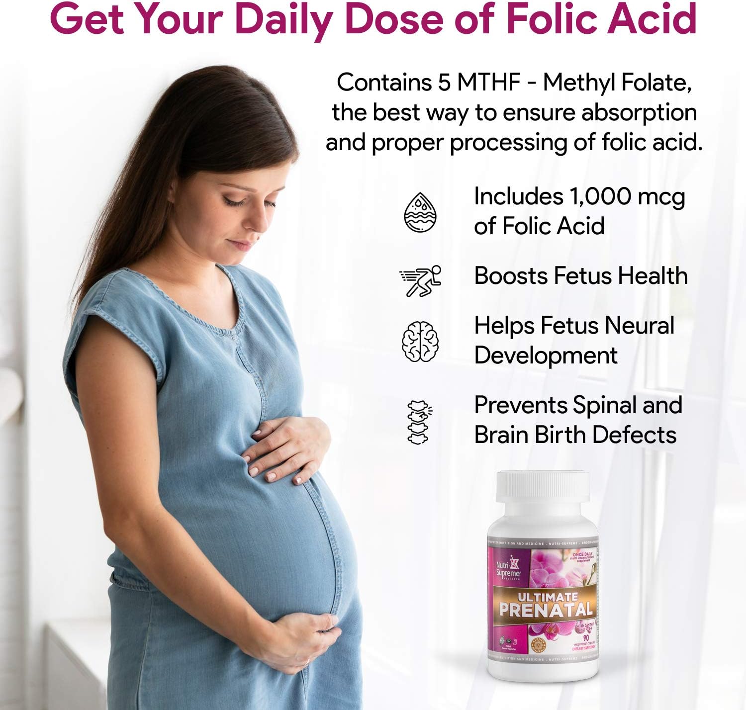 Nutri Supreme Ultimate Prenatal Vitamins, 90 Cápsulas Vegetales - 1.000 mcg de Folato, Multivitamínico de Una Toma Diaria