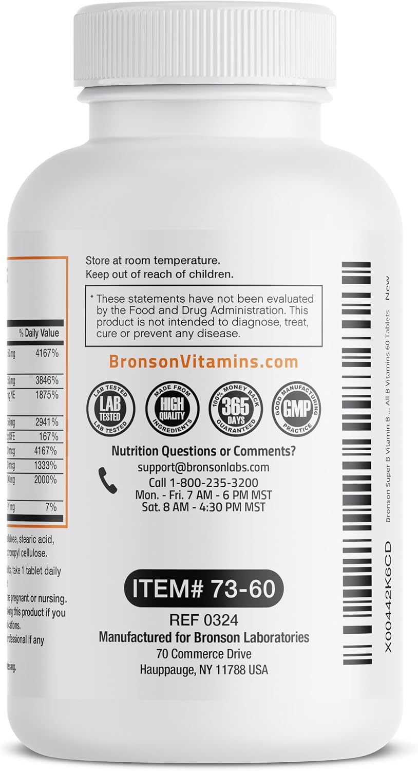 Bronson Super B Complejo B de Vitaminas con Liberación Sostenida (Vitamina B1, B2, B3, B6, B9 - Ácido Fólico, B12) Contiene Todas las Vitaminas B, 60 Comprimidos