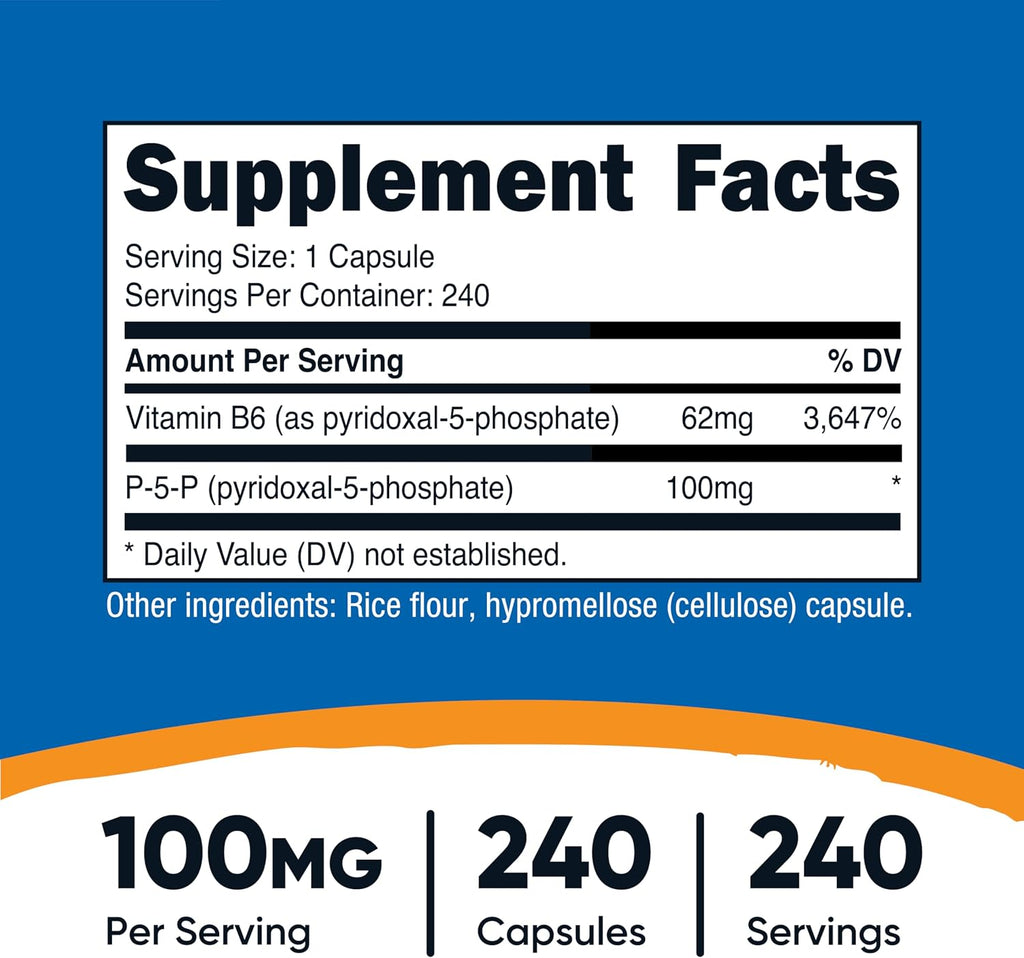 Nutricost P5P Vitamina B6 Activa 100mg, 240 Cápsulas - Piridoxal-5-Fosfato