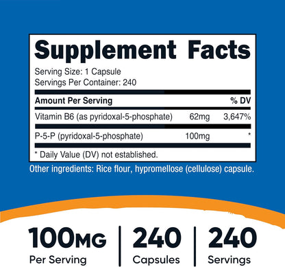 Nutricost P5P Vitamina B6 Activa 100mg, 240 – Sistema nervioso: Contribuye al funcionamiento normal del sistema – Image 2