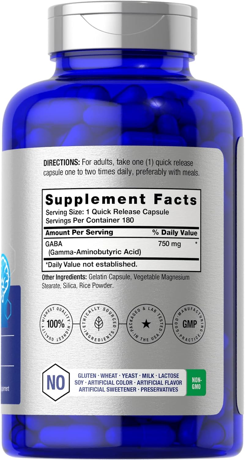 Horbäach GABA 750mg | 180 Cápsulas de Gamma Aminobutírico | Suplemento No Transgénico y Sin Gluten