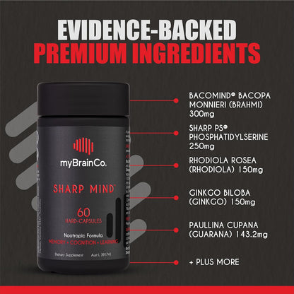myBrainCo. Sharp Mind - Suplemento Nootrópico para Memoria y Concentración (60 Cápsulas) – Image 3