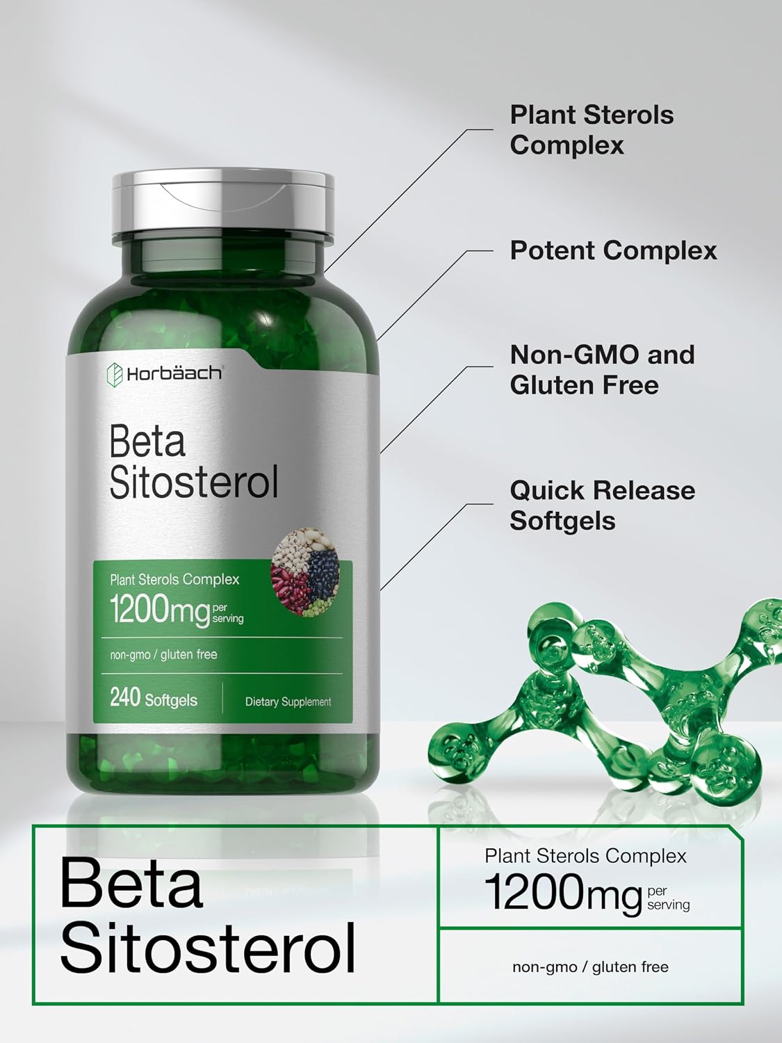 Horbäach Beta Sitosterol 1200 mg | 240 Cápsulas Blandas | Complejo de Esteroles Vegetales | Sin Gluten, No Transgénico