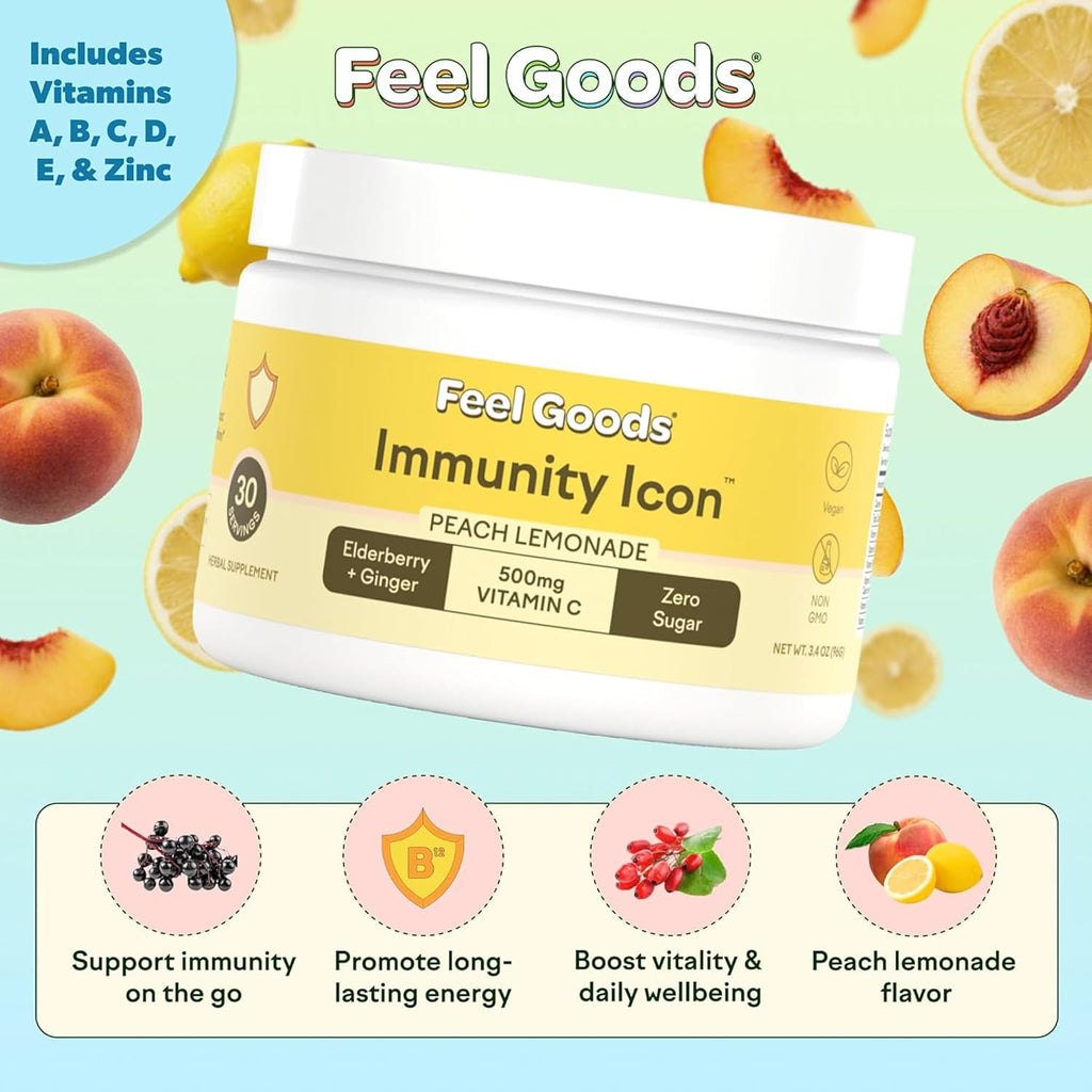 Feel Goods Immunity Icon, Polvo de Apoyo Inmunitario con Vitamina C - 500mg Vitamina C, Saúco, Jengibre, Cúrcuma y Vitaminas Clave para la Salud Inmunitaria Diaria - Mezcla para Bebida Sin Azúcar y Sin Cafeína