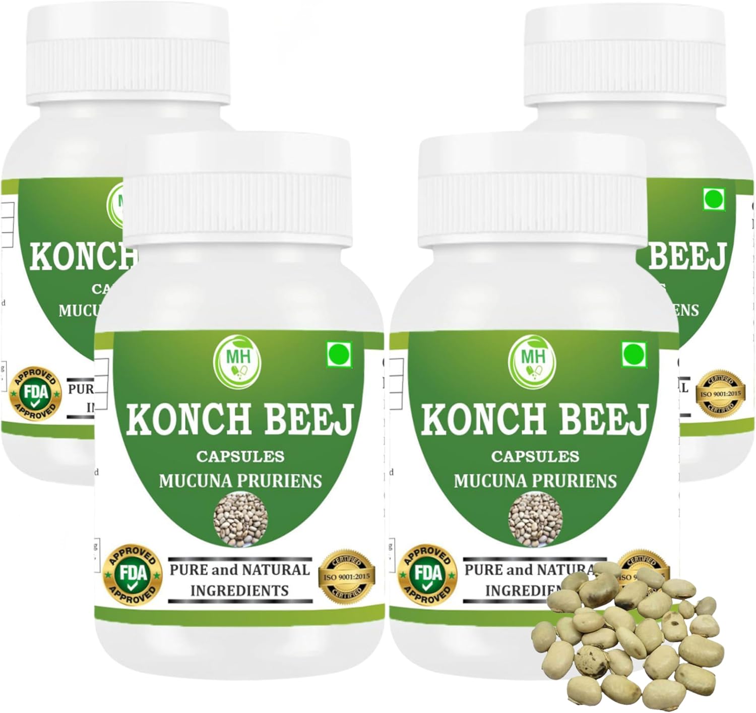 Morsan Kaunch (Konch) Beej Cápsulas – Mucuna pruriens 500 mg – 240 Cápsulas Veganas (Paquete de 4)