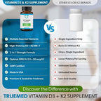 TrueMed Vitamina D3 K2 5000 UI (MK-7 125 mcg) – 120 Cápsulas Veganas – Suplemento de D3 y K2 para Huesos, Corazón e Inmunidad