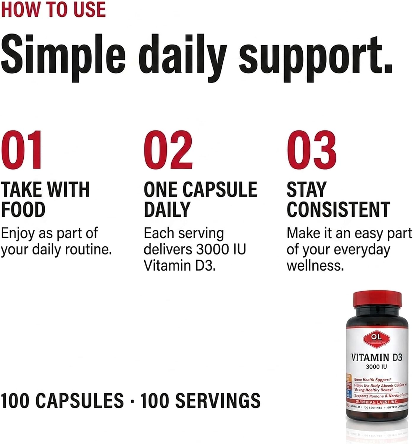 Olympian Labs Vitamina D3 3000 UI 100 Cápsulas Apoya Huesos Fuertes