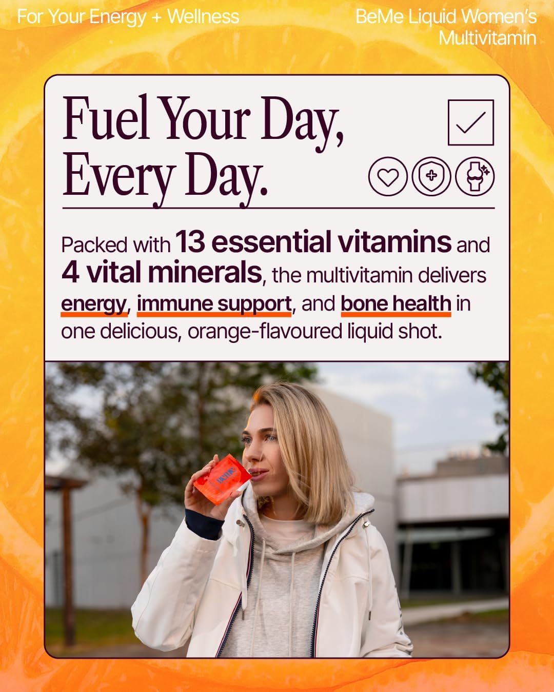 BeMe Multivitamínico Líquido para Mujeres - 13 Vitaminas y Minerales - 15 Sobres, Sabor Naranja