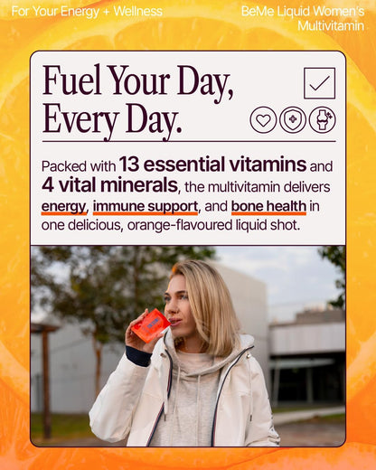 BeMe Multivitamínico Líquido para Mujeres - 13 Vitaminas y Minerales - 15 Sobres, Sabor Naranja – Image 4