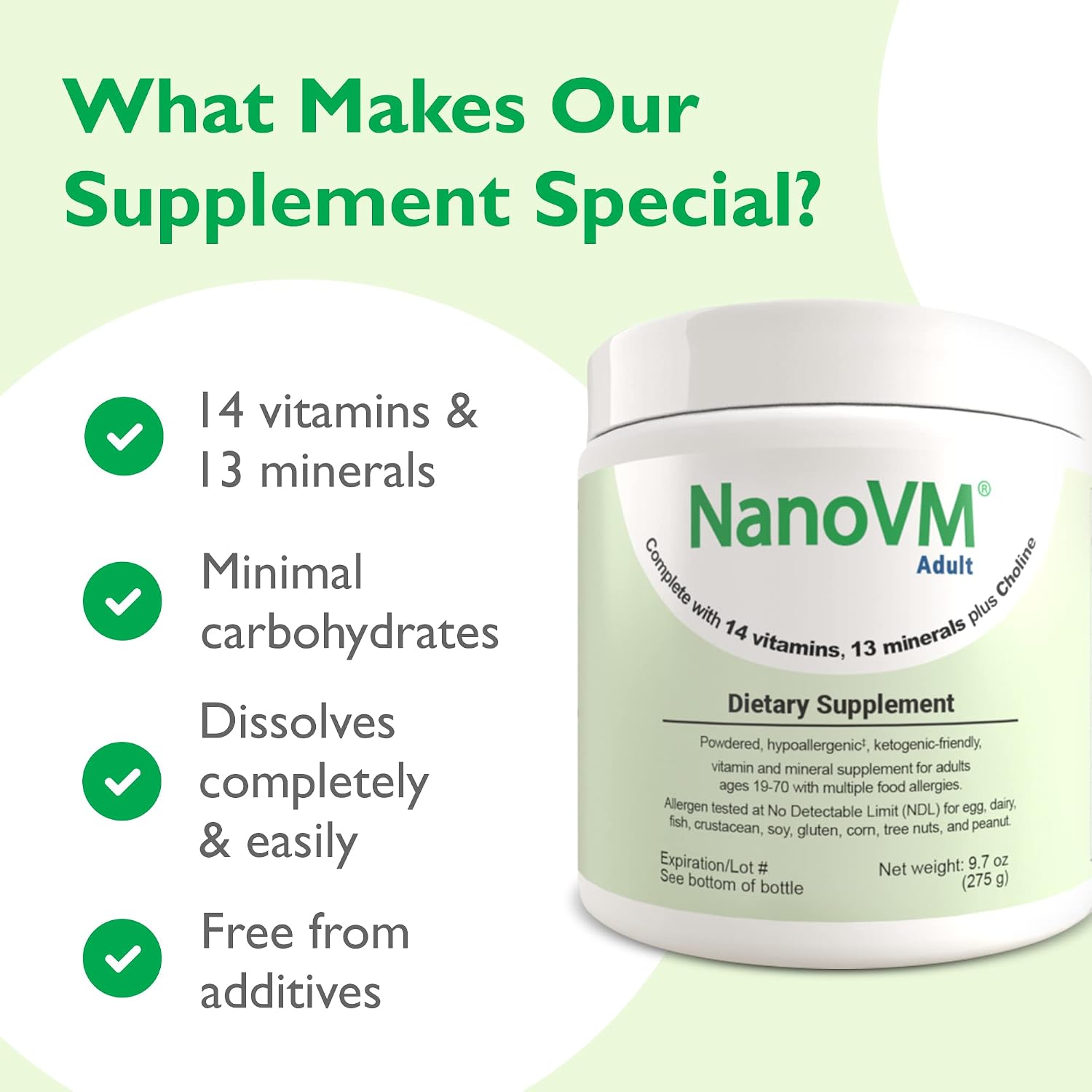 NanoVM Adult - Multivitamínico en Polvo Sin Alérgenos para Mujeres y Hombres, 275g