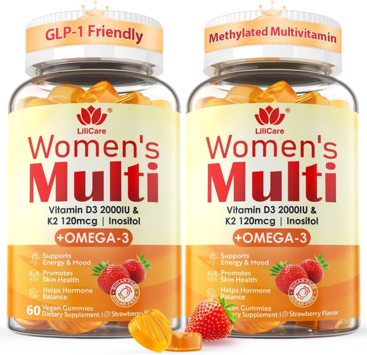 LILICARE Gominolas Multivitamínicas para Mujer con Omega-3, D3+K2 y B12 Metilada - Sin Azúcar (120 uds)